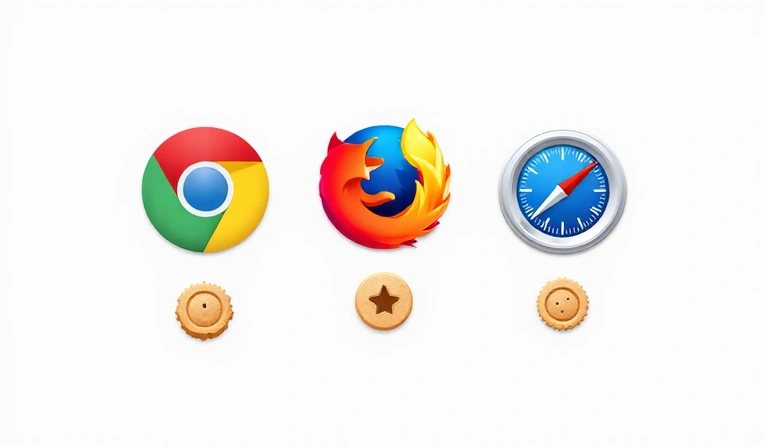 Ikony różnych przeglądarek internetowych z symbolami zarządzania plikami cookie